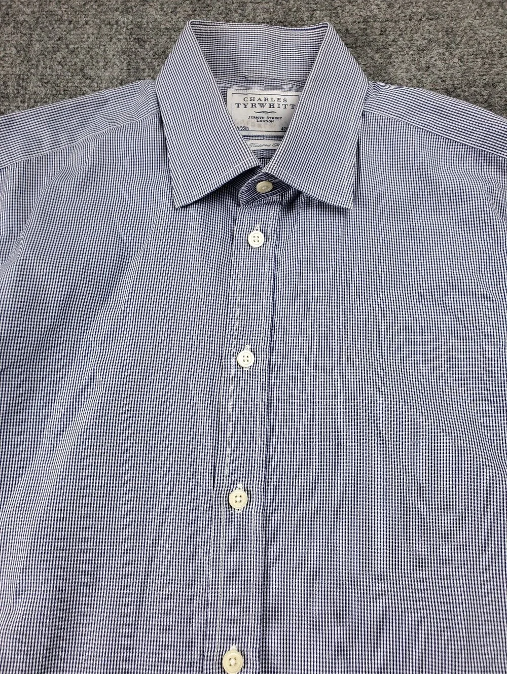 Charles Tyrwhitt Gingham Dress Shirt 16.5 35 Tailored Navy White Business Casual